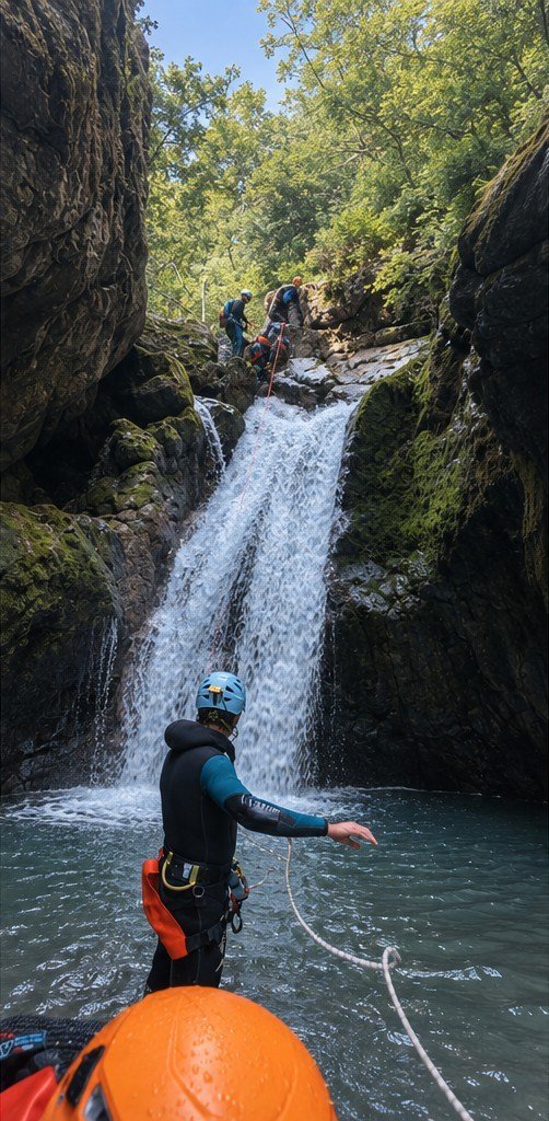 Canyoneur dans la vasque au pied d'une cascade